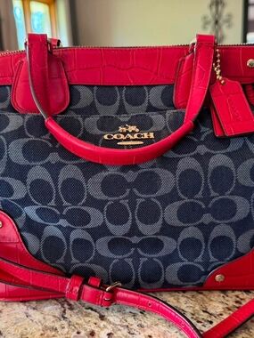 Coach Mickie Red Croc Embossed Leather & Denim Jacquard 2 way Satchel